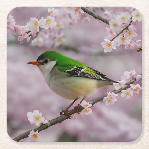 Dessous-de-verre Carré En Papier Joli Oiseau Vert dans un Arbre Fleurissant Blanc