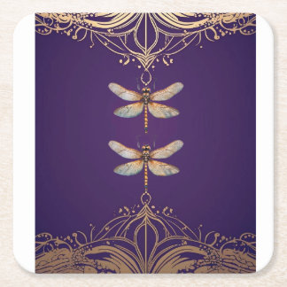 Dessous-de-verre Carré En Papier Joli Rose Dragonflies Gold Dessous de verre en pap