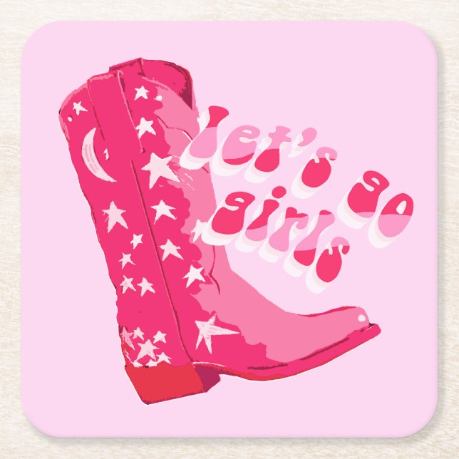 Dessous-de-verre Carré En Papier Jolie fille rose rouge Disco Cowgirl Boot (Devant)
