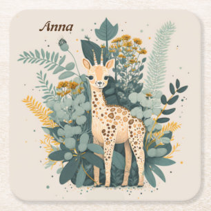 Dessous-de-verre Carré En Papier Jolie girafe fleurie