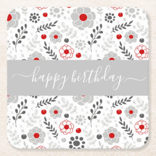Dessous-de-verre Carré En Papier Jolie moderne Fleurs rouges et gris Anniversaire