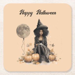 Dessous-de-verre Carré En Papier Jolie sorcière d'Halloween et ballons de Pleine lu