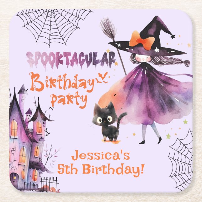 Dessous-de-verre Carré En Papier Jolie sorcière Spooktacular Anniversaire fête d'Ha (Devant)