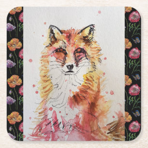 Dessous-de-verre Carré En Papier Jolis sous-verres avec renard rouge et fleurs