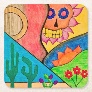 Dessous-de-verre Carré En Papier Jour du crâne coloré des Cactus du désert Morts
