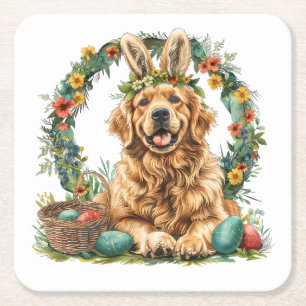 Dessous-de-verre Carré En Papier Joyeuses Pâques Chien Retriever Doré Oreilles de L
