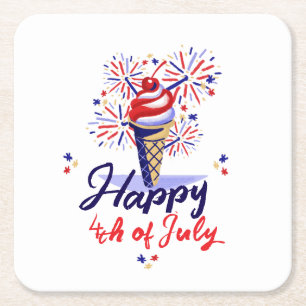 Dessous-de-verre Carré En Papier Joyeux 4 juillet crème glacée Feu d'été