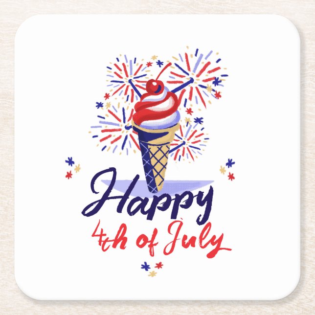 Dessous-de-verre Carré En Papier Joyeux 4 juillet crème glacée Feu d'été (Devant)