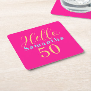 Dessous-de-verre Carré En Papier Joyeux 50e anniversaire Bonjour 50 Rose Chaud Fête