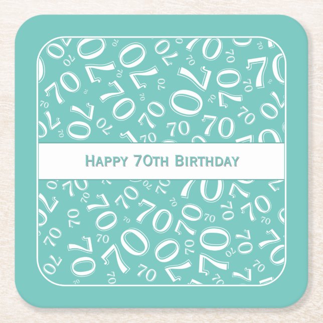 Dessous-de-verre Carré En Papier "Joyeux 70e anniversaire" Turquoise/Motif numériqu (Devant)