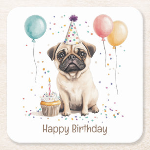 Dessous-de-verre Carré En Papier Joyeux Anniversaire Chien Pug