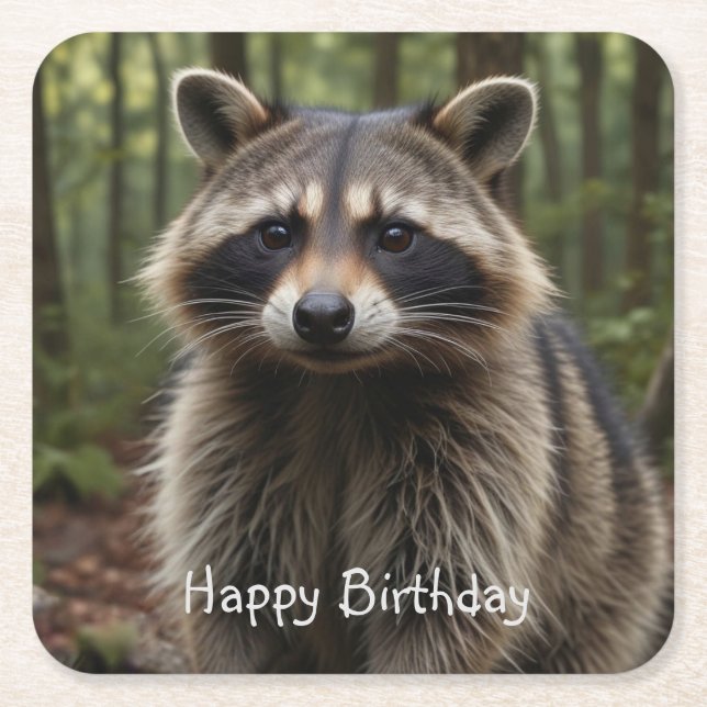 Dessous-de-verre Carré En Papier Joyeux Anniversaire Cute Raccoon (Devant)