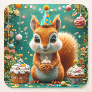 Dessous-de-verre Carré En Papier Joyeux anniversaire écureuil adorable