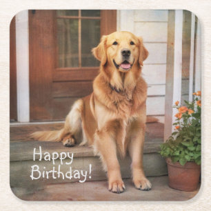 Dessous-de-verre Carré En Papier Joyeux Anniversaire Golden Retriever