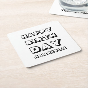 Dessous-de-verre Carré En Papier Joyeux anniversaire noir blanc nom personnalisé m