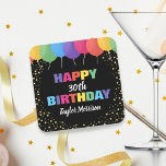 Dessous-de-verre Carré En Papier Joyeux Anniversaire Personnalisé Nom d'âge Ballons<br><div class="desc">Célébrez votre personnage spécial avec ces dessous de verre de papier d'anniversaire amusants et colorés, avec des ballons aux couleurs vives et des parties scintillant de confettis en faux or. Il suffit d'ajouter l'âge et le nom de la personne d'anniversaire pour personnaliser. Gras et coloré, mais simple et amusant -...</div>