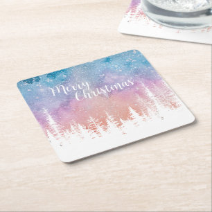 Dessous-de-verre Carré En Papier Joyeux Aquarelle sauvage Xmas Pine tree Fête