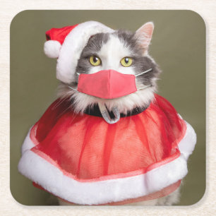 Dessous-de-verre Carré En Papier Joyeux chat de Noël à Santa Hat et Masque Visage