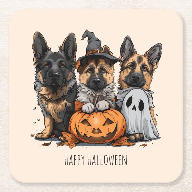 Dessous-de-verre Carré En Papier Joyeux chien berger allemand Halloween (Devant)