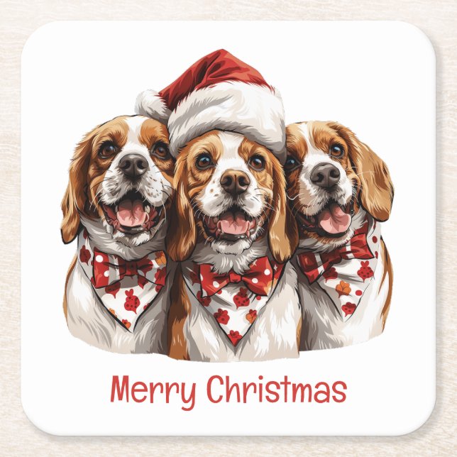 Dessous-de-verre Carré En Papier Joyeux Chiens Beagles de Noël (Devant)