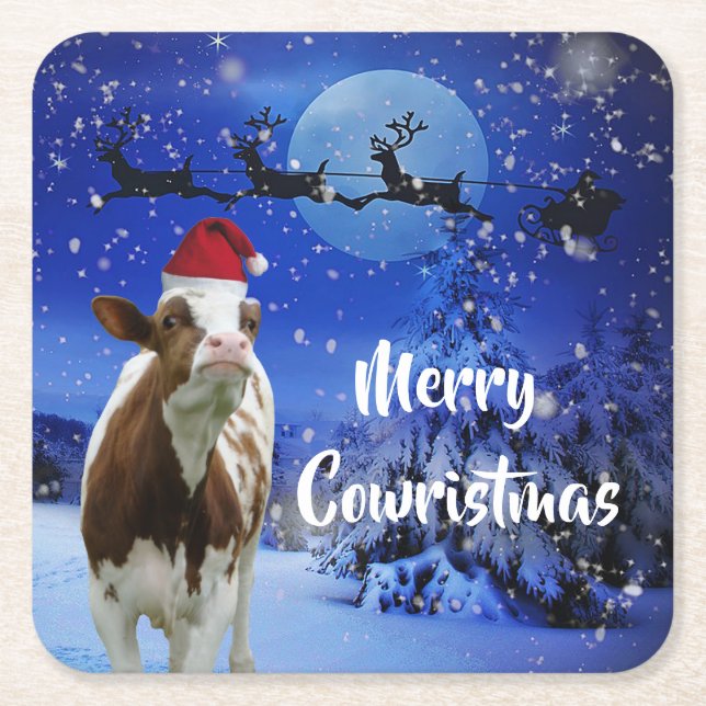 Dessous-de-verre Carré En Papier Joyeux Cowristmas Père Noël Vacances Vache (Devant)
