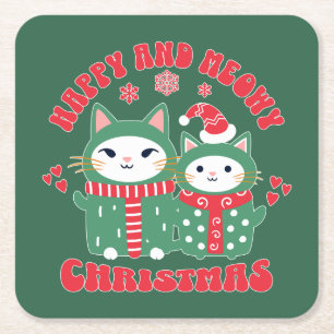 Dessous-de-verre Carré En Papier Joyeux et Meowy Christmas Chats 1
