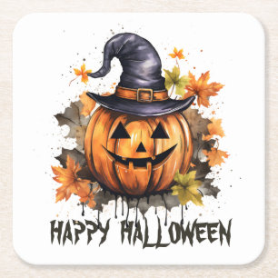 Dessous-de-verre Carré En Papier Joyeux Halloween Citrouille Grimaçante Art