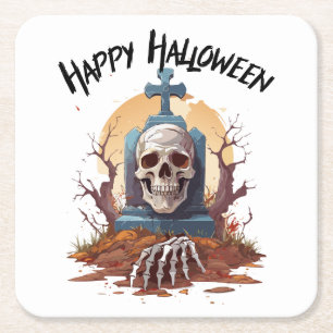 Dessous-de-verre Carré En Papier Joyeux Halloween Tête de Pierre et Squelette