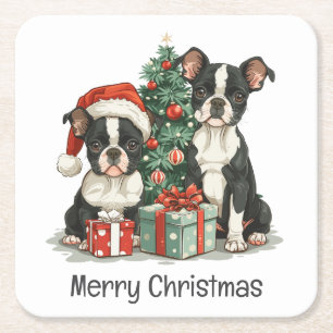 Dessous-de-verre Carré En Papier Joyeux Noël Boston Terrier Chiens