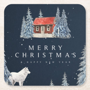 Dessous-de-verre Carré En Papier Joyeux Noël/Cabine hivernal neige avec loup