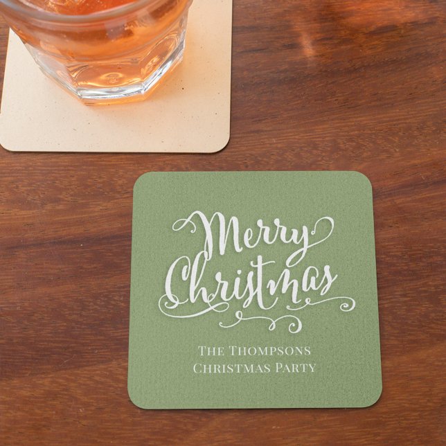 Dessous-de-verre Carré En Papier Joyeux Noël Calligraphie Script Simple Vert (Merry Christmas green white lettering calligraphy paper coaster)