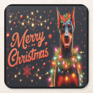 Dessous-de-verre Carré En Papier Joyeux Noël Doberman Chien Twinké lumières de Noël