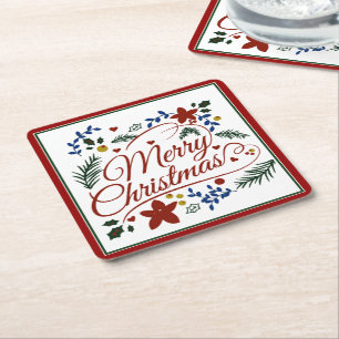 Dessous-de-verre Carré En Papier Joyeux Noël floral   Coaster en papier carré