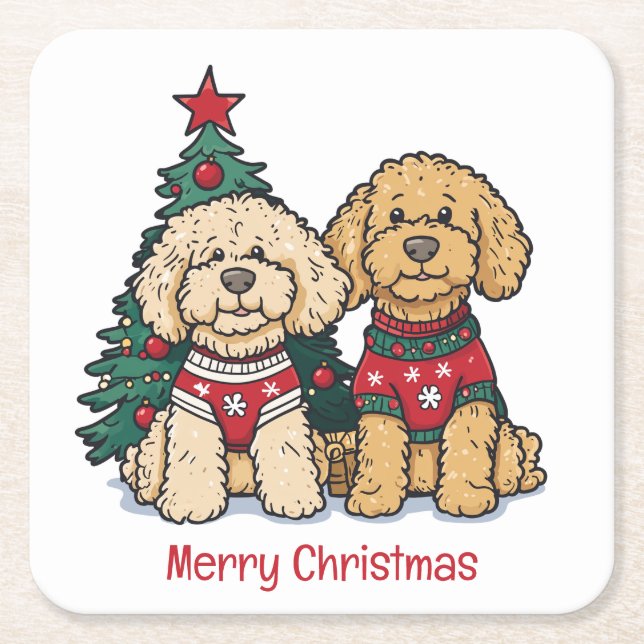 Dessous-de-verre Carré En Papier Joyeux Noël Goldendoodle Chiens (Devant)