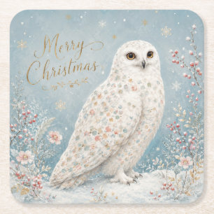 Dessous-de-verre Carré En Papier Joyeux Noël Hibou Blanc Paysage Hivernal Enchanté