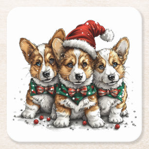 Dessous-de-verre Carré En Papier Joyeux Noël Pembroke Welsh Corgi Puppies