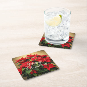 Dessous-de-verre Carré En Papier Joyeux Noël Poinsettias Rouges