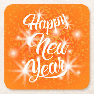 Dessous-de-verre Carré En Papier Joyeux Nouvel An Orange Watercolor Splatter