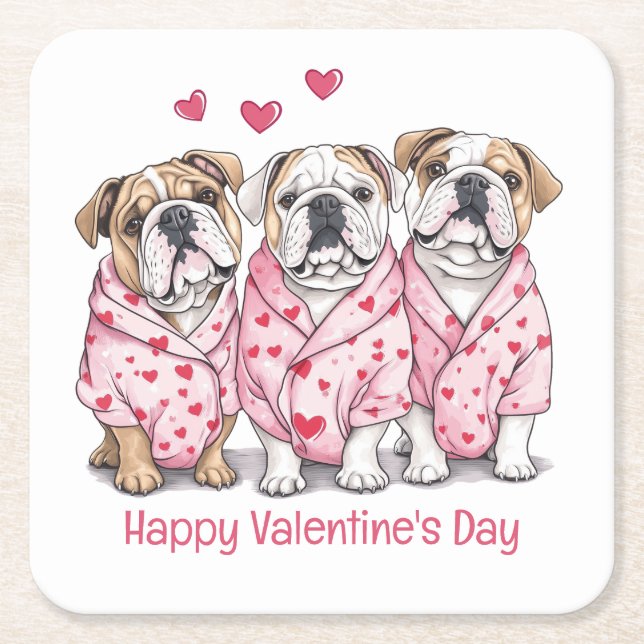 Dessous-de-verre Carré En Papier Joyeux Valentines Day English Bulldog (Devant)