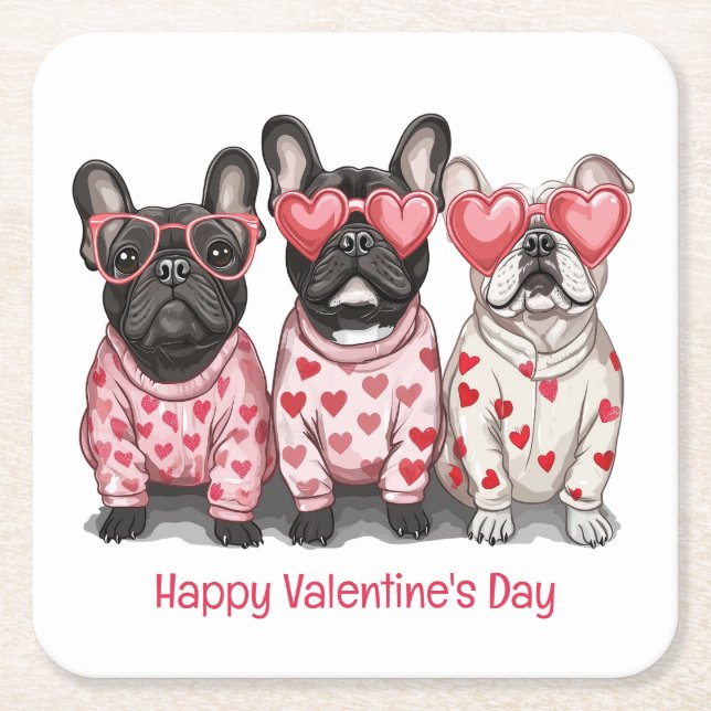Dessous-de-verre Carré En Papier Joyeux Valentines Day French Bulldog (Devant)
