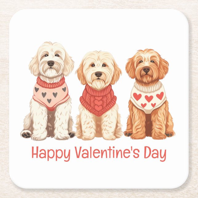 Dessous-de-verre Carré En Papier Joyeux Valentines Day Goldendoodle Dogs (Devant)