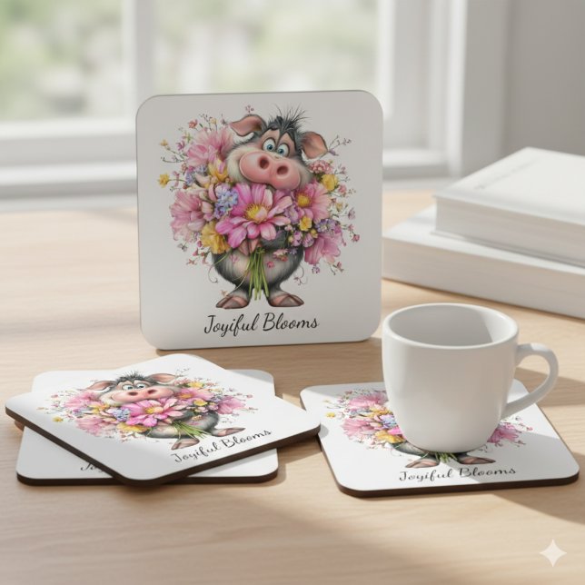 Dessous-de-verre Carré En Papier Joyiful Blooms Cute Pig Floral Coaster (Créateur téléchargé)
