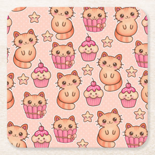 Dessous-de-verre Carré En Papier Kawaii Cute Cats and Cupcakes Motif rose