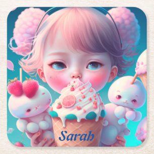 Dessous-de-verre Carré En Papier Kawaii fille de crème glacée