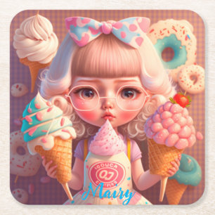 Dessous-de-verre Carré En Papier Kawaii fille mignonne avec des glaces