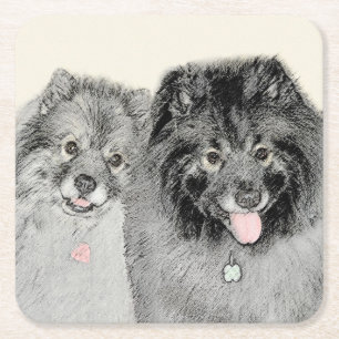 Dessous-de-verre Carré En Papier Keeshond Maman et Son Peinture - Art Chien origina