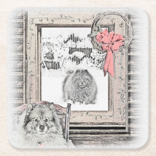 Dessous-de-verre Carré En Papier Keeshond Noël hiver fenêtre Peinture Chien Art