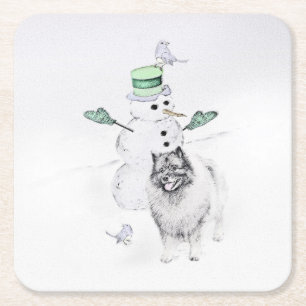 Dessous-de-verre Carré En Papier Keeshond Noël Snowman Peinture Chien Art