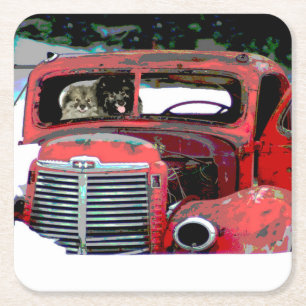 Dessous-de-verre Carré En Papier Keeshond Noël Vieux Camion Peinture Chien Art