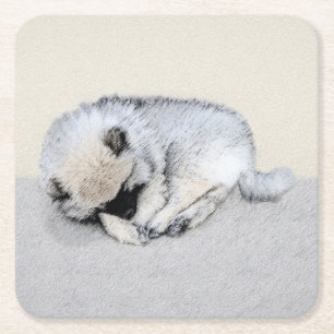 Dessous-de-verre Carré En Papier Keeshond Sleeping Puppy Peinture Chien Art origina